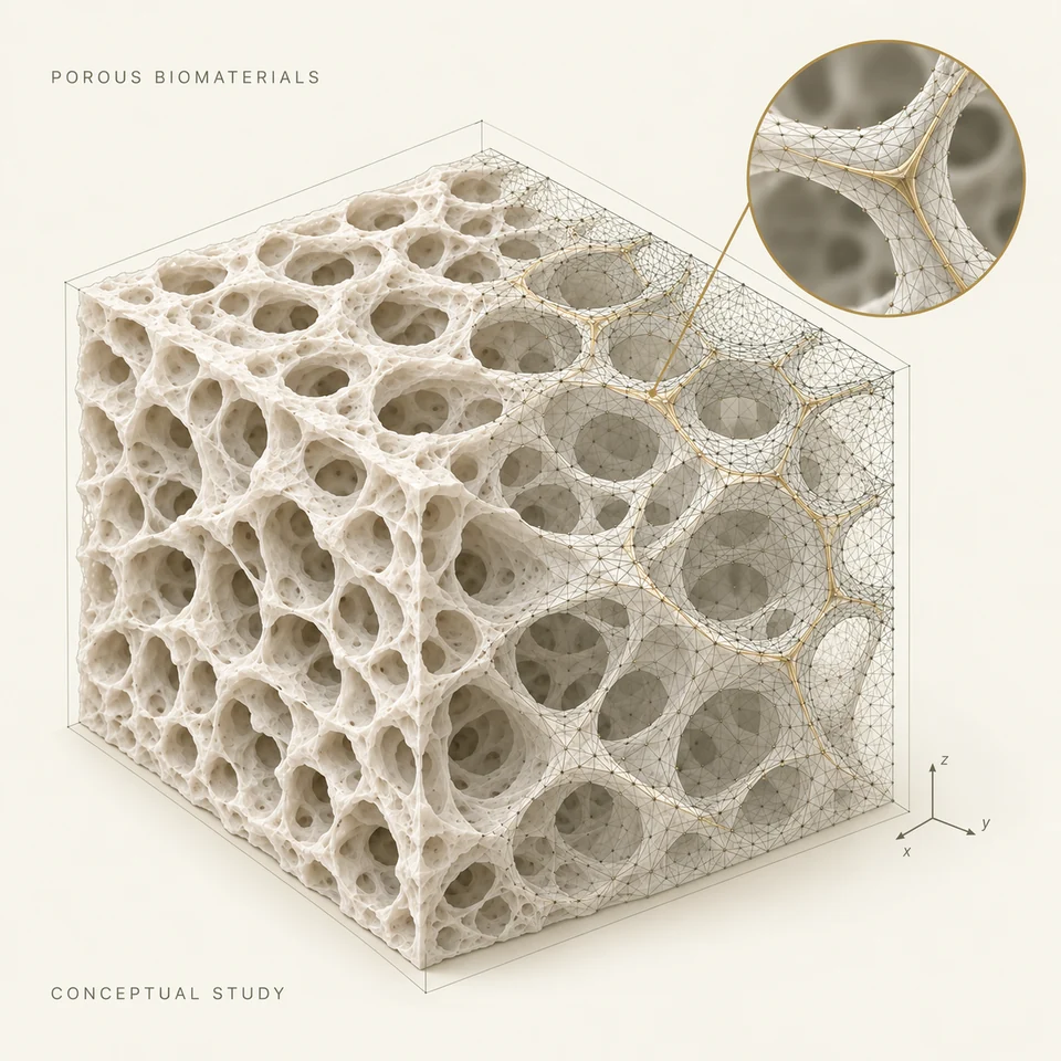 Cream three-dimensional porous scaffold illustration with a triangular computational mesh, node connections, and coordinate-axis details.