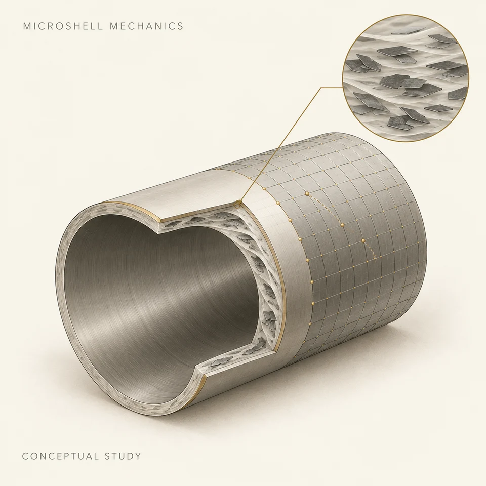Cream technical illustration of reinforced microscale structural geometry with a fine computational mesh and material detail.