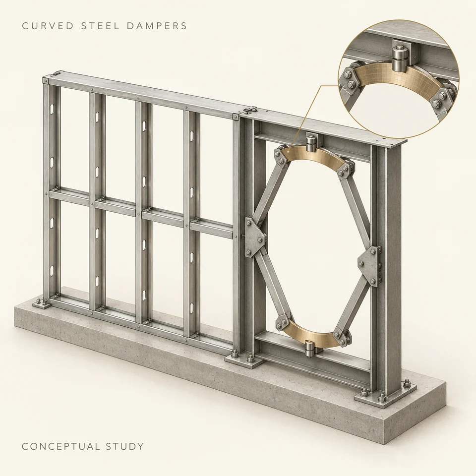 Cream and graphite conceptual illustration of a steel structural assembly with curved energy-dissipating dampers and detailed connections.