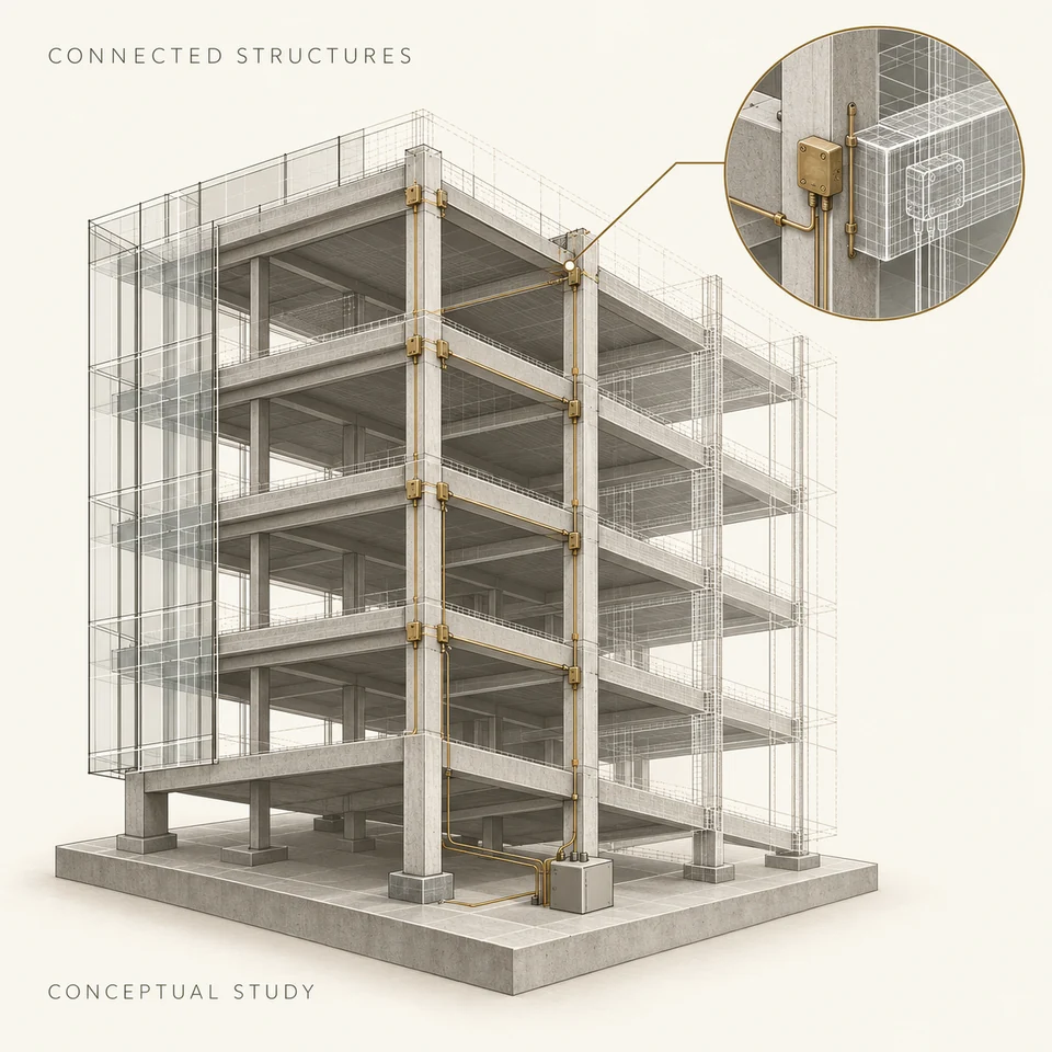 Cream technical illustration of an isometric building frame with selected sensor nodes and connected digital information motifs.