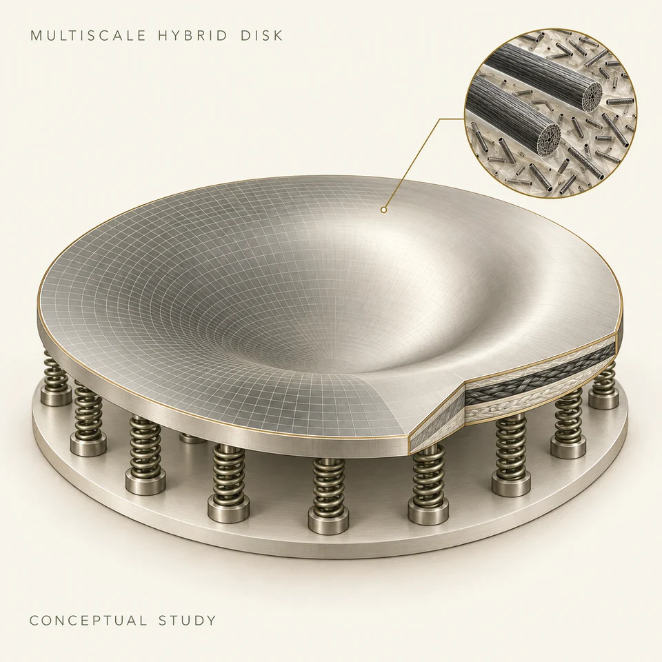 Cream scientific illustration of a hybrid composite disk with a fine geometric mesh and layered multiscale reinforcement detail.
