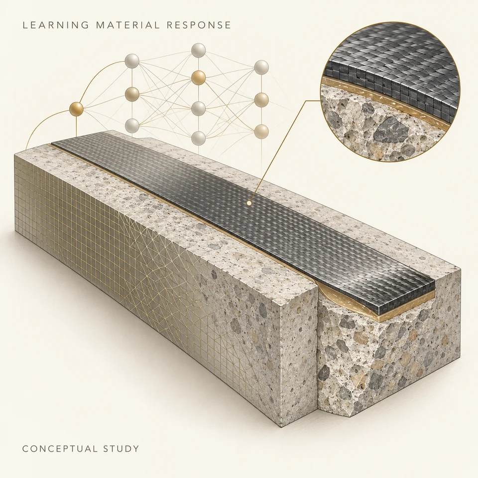 Cream technical illustration combining an engineering material specimen with a structured network of computational nodes and connections.