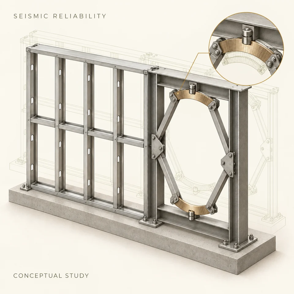 Cream technical illustration connecting a hybrid steel wall subassembly with abstract representations of variability and reliability.