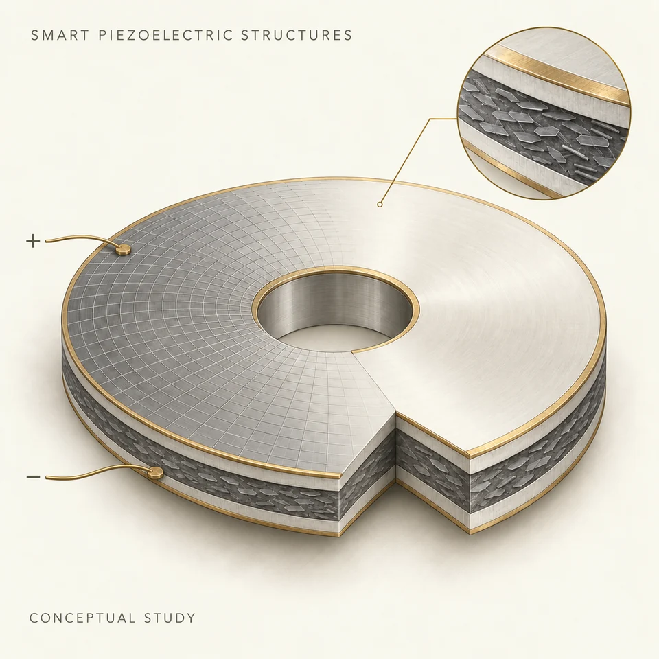 Cream and graphite scientific illustration of a layered annular piezoelectric composite, with restrained brass electrical and material details.