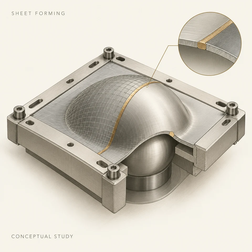 Cream and graphite technical illustration of a thin metal sheet formed over a hemispherical punch, with fine mesh and material detail.